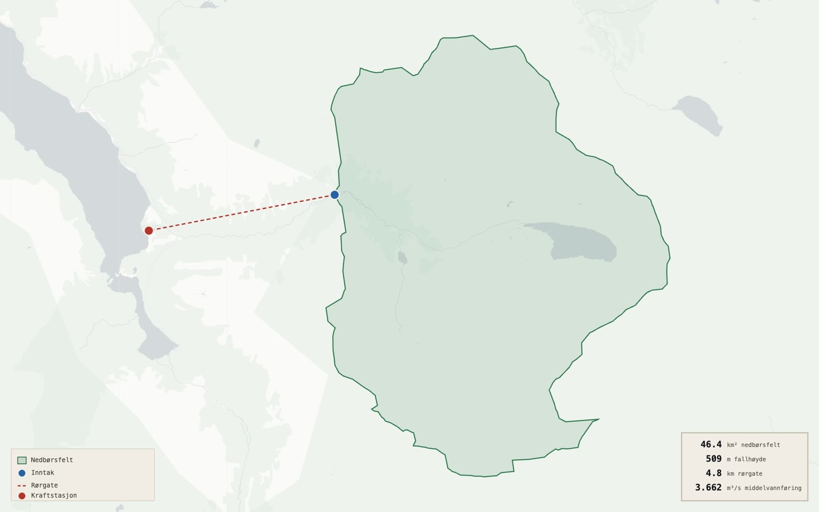 Kart over småkraftprosjekt med nedbørsfelt som polygon, inntak på feltgrensa, rørgate og kraftstasjon